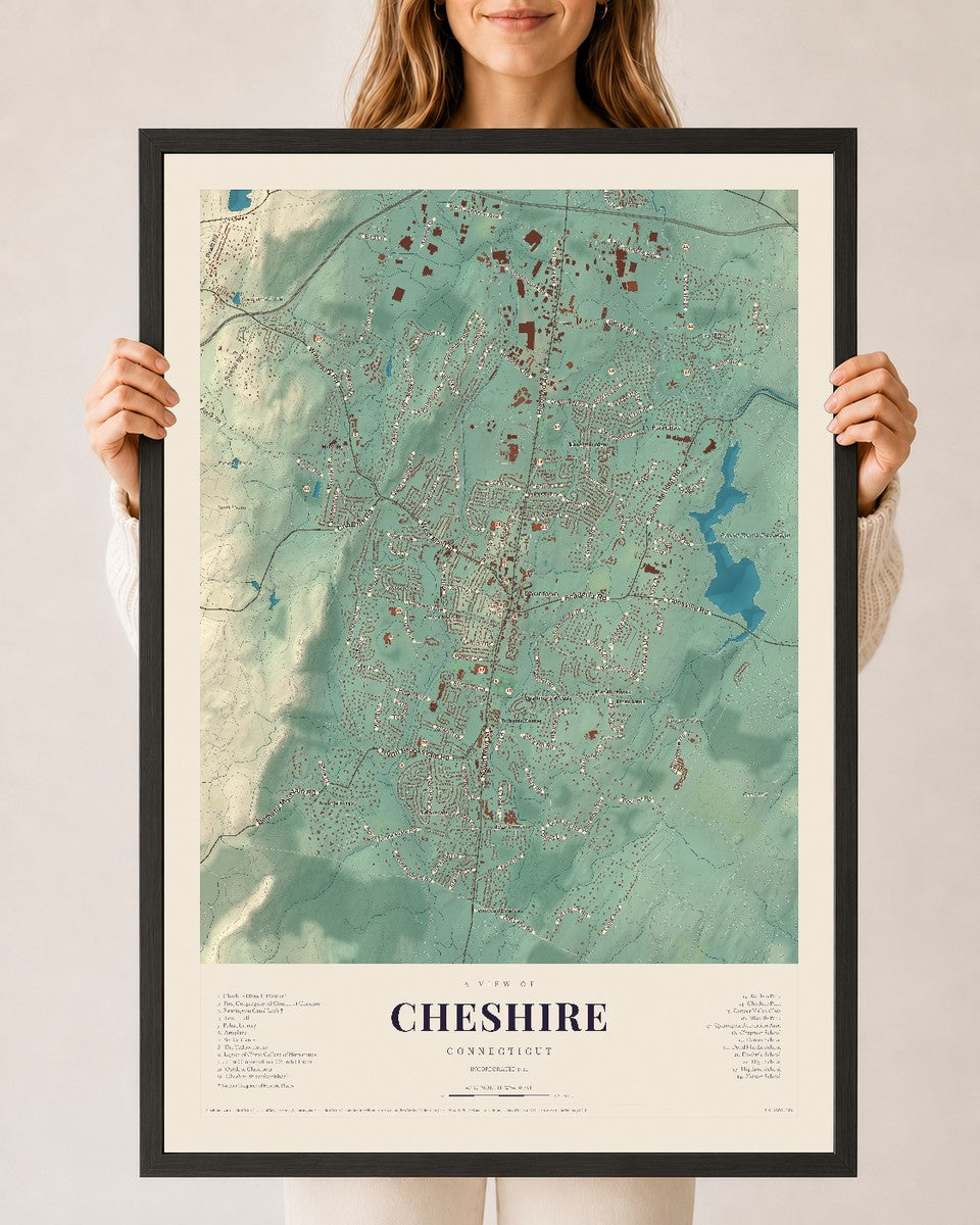 Cheshire, Connecticut map print, 24" x 36", W/ Black Ayous Wood Frame