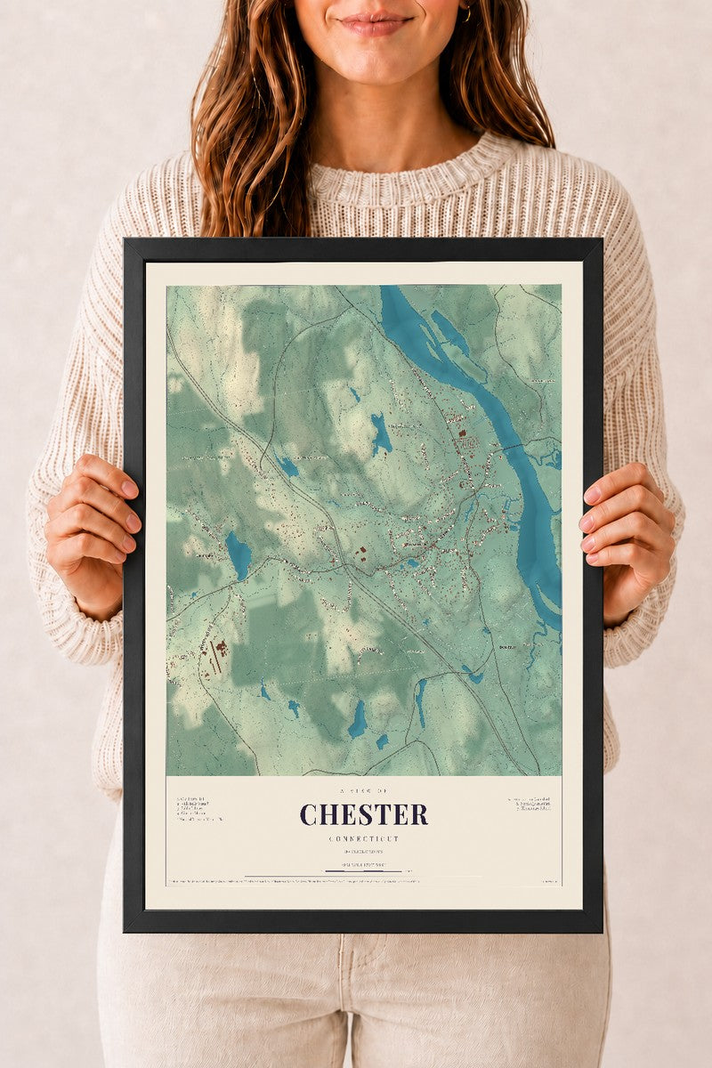 Chester, Connecticut map print, 12" x 18", W/ Black Ayous Wood Frame