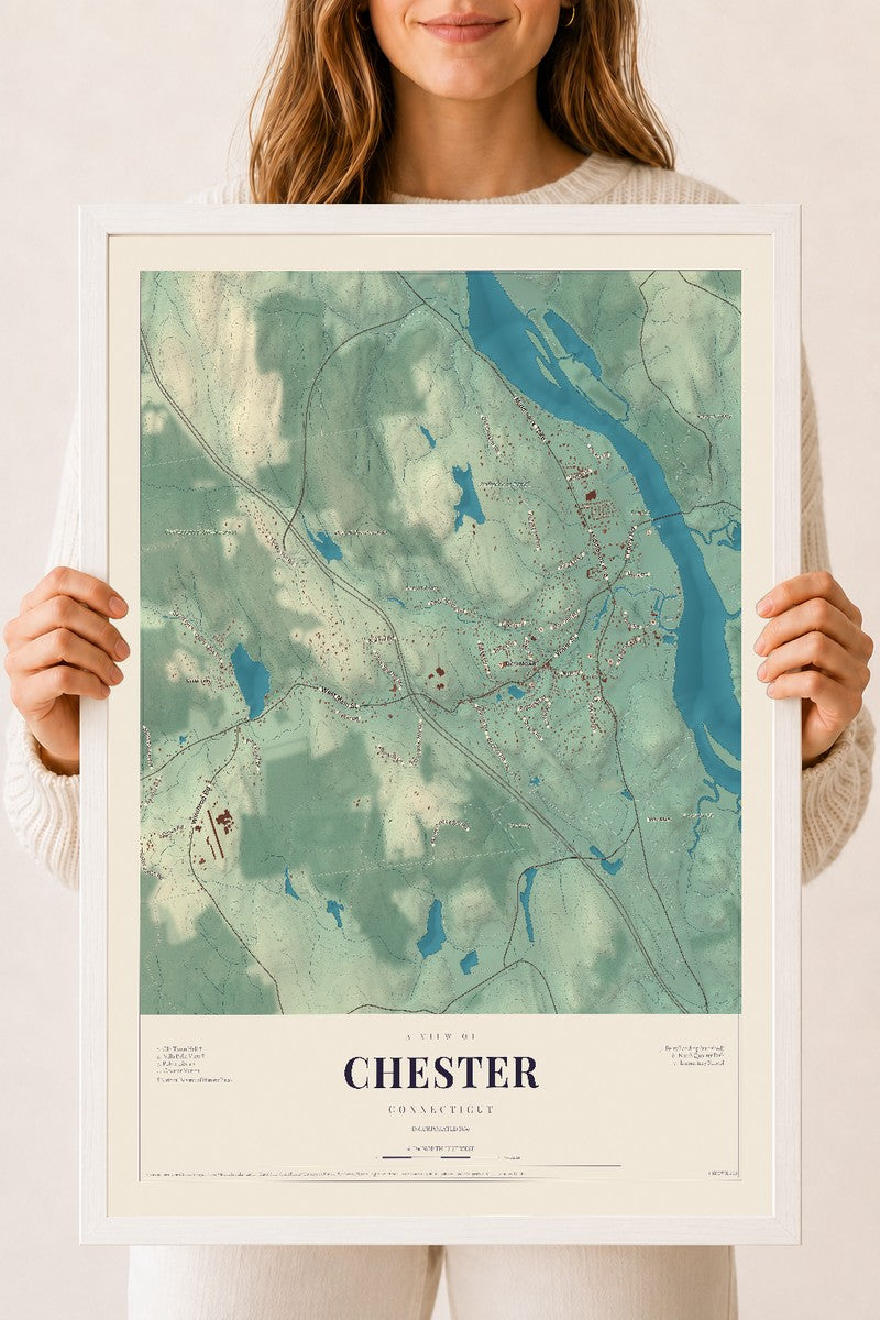Chester, Connecticut map print, 18" x 24", W/ White Ayous Wood Frame