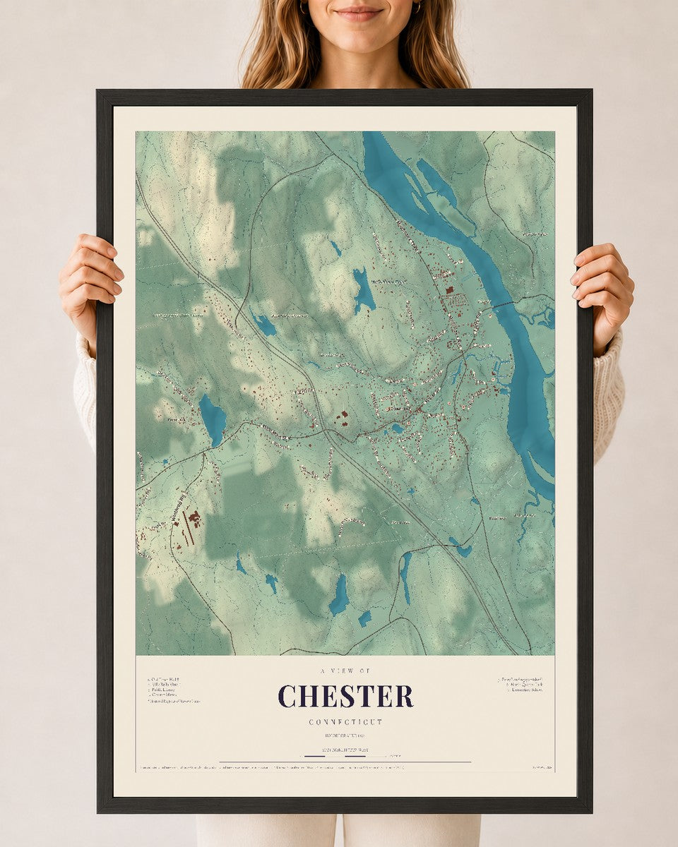 Chester, Connecticut map print, 24" x 36", W/ Black Ayous Wood Frame
