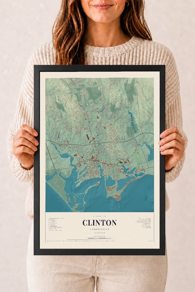 Clinton, Connecticut map print, 12" x 18", W/ Black Ayous Wood Frame
