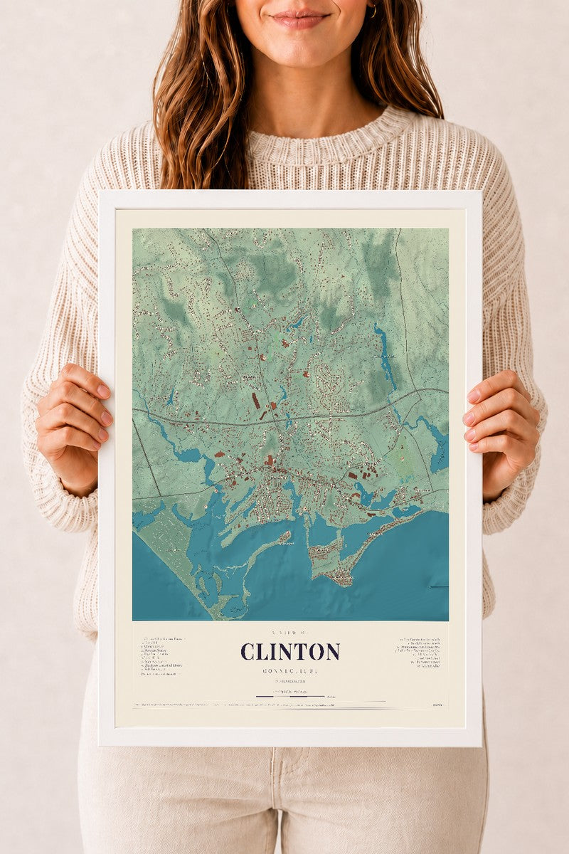 Clinton, Connecticut map print, 12" x 18", W/ White Ayous Wood Frame