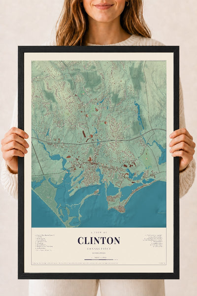 Clinton, Connecticut map print, 18" x 24", W/ Black Ayous Wood Frame