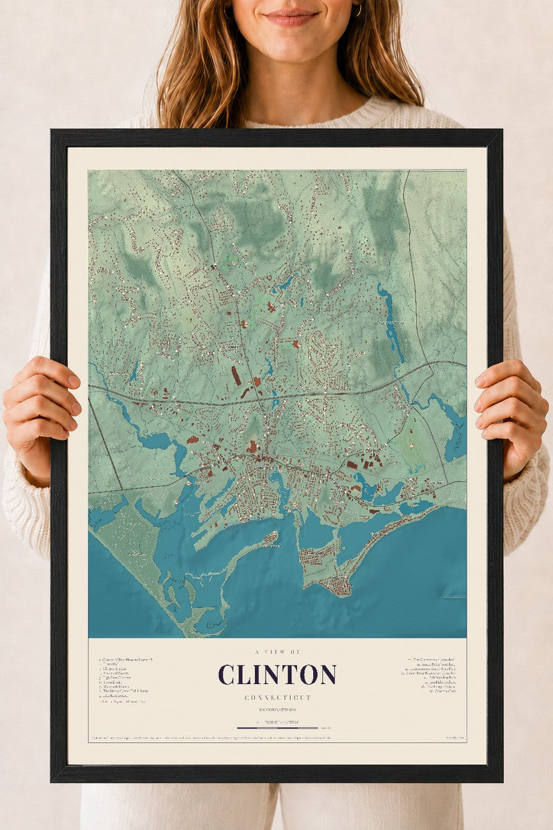 Clinton, Connecticut map print, 18" x 24", W/ Black Ayous Wood Frame