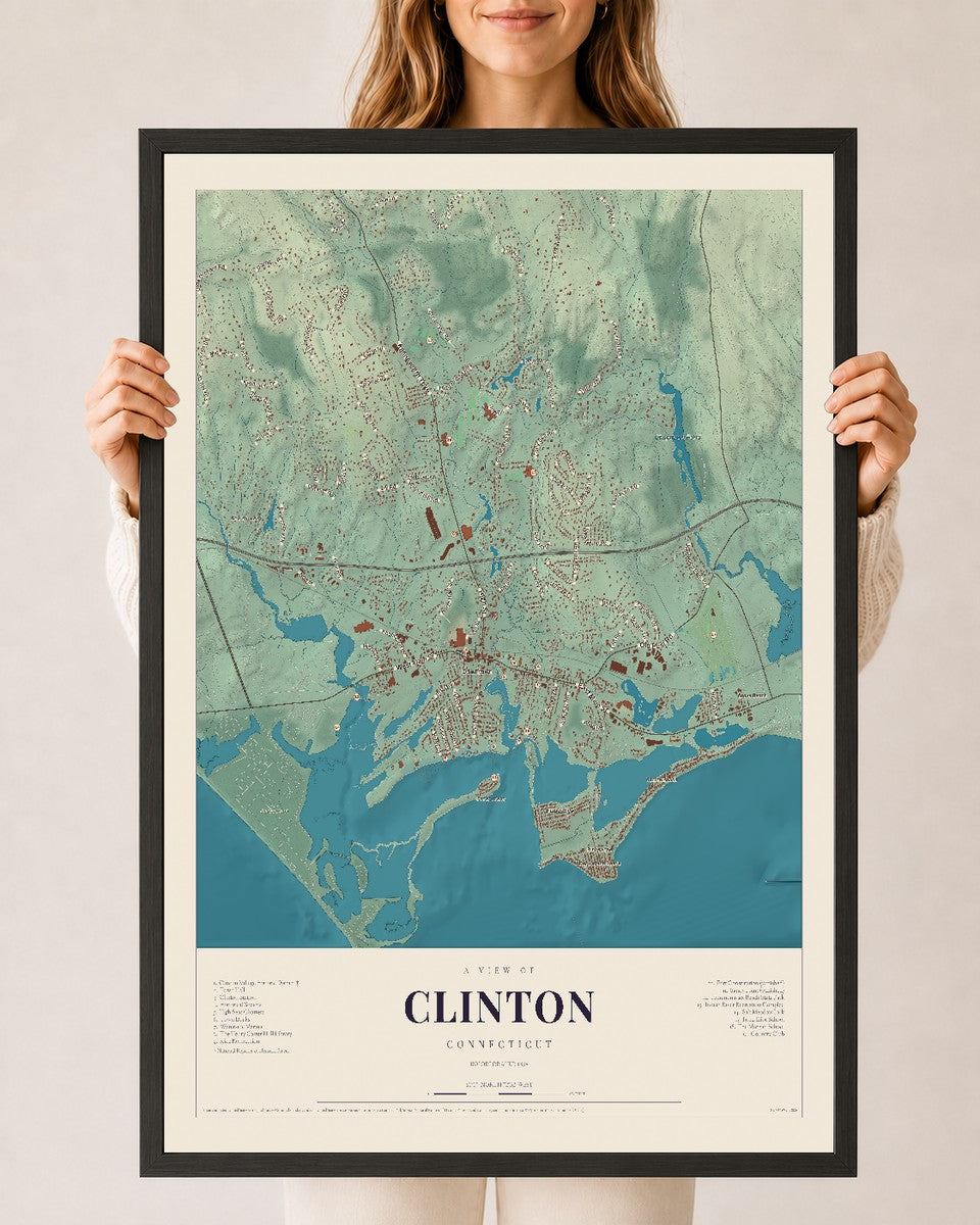 Clinton, Connecticut map print, 24" x 36", W/ Black Ayous Wood Frame
