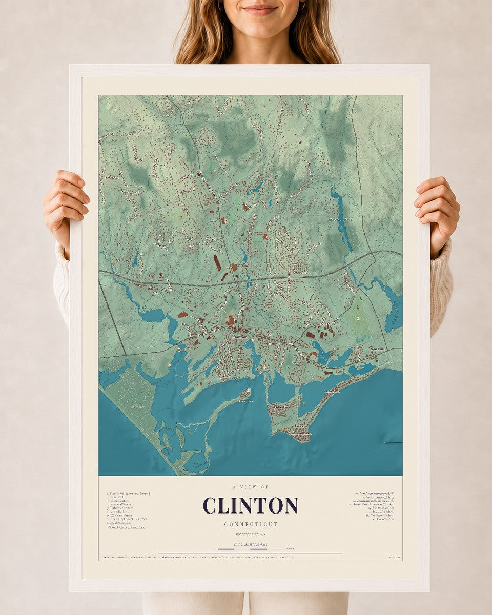 Clinton, Connecticut map print, 24" x 36", W/ White Ayous Wood Frame