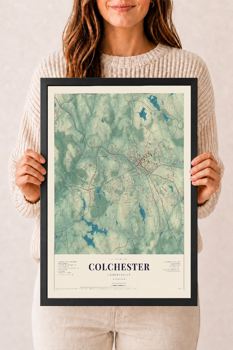 Colchester, Connecticut map print, 12" x 18", W/ Black Ayous Wood Frame
