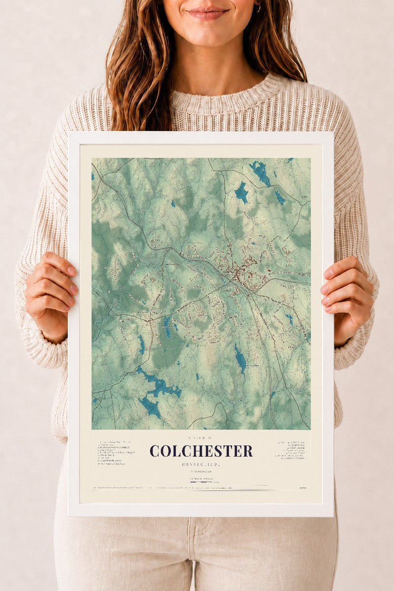 Colchester, Connecticut map print, 12" x 18", W/ White Ayous Wood Frame