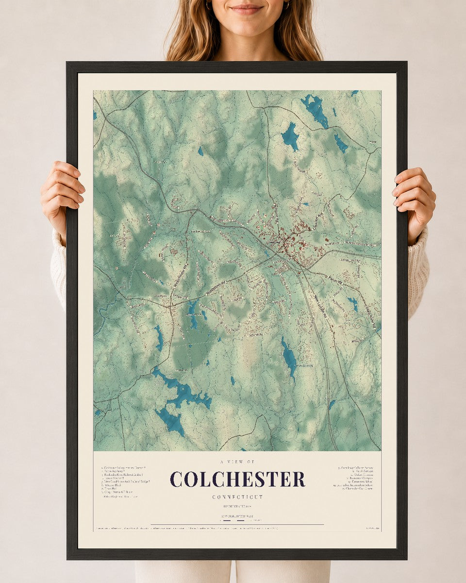 Colchester, Connecticut map print, 24" x 36", W/ Black Ayous Wood Frame