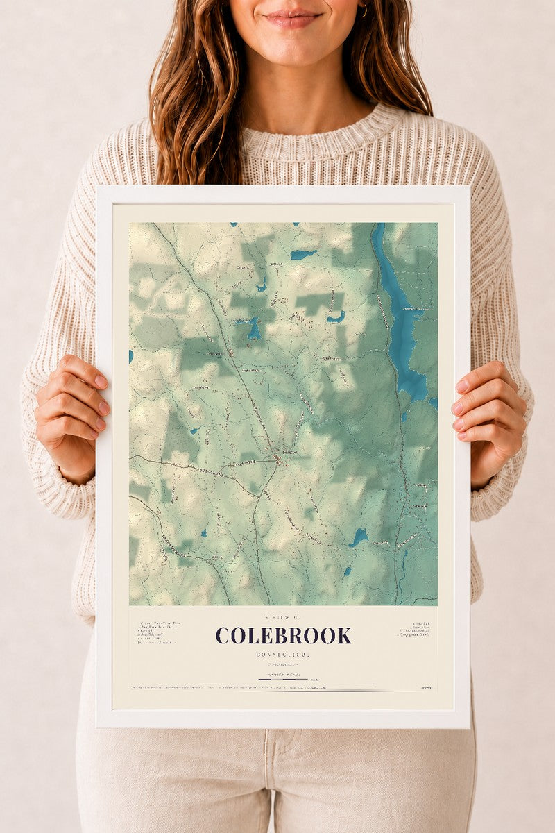 Colebrook, Connecticut map print, 12" x 18", W/ White Ayous Wood Frame