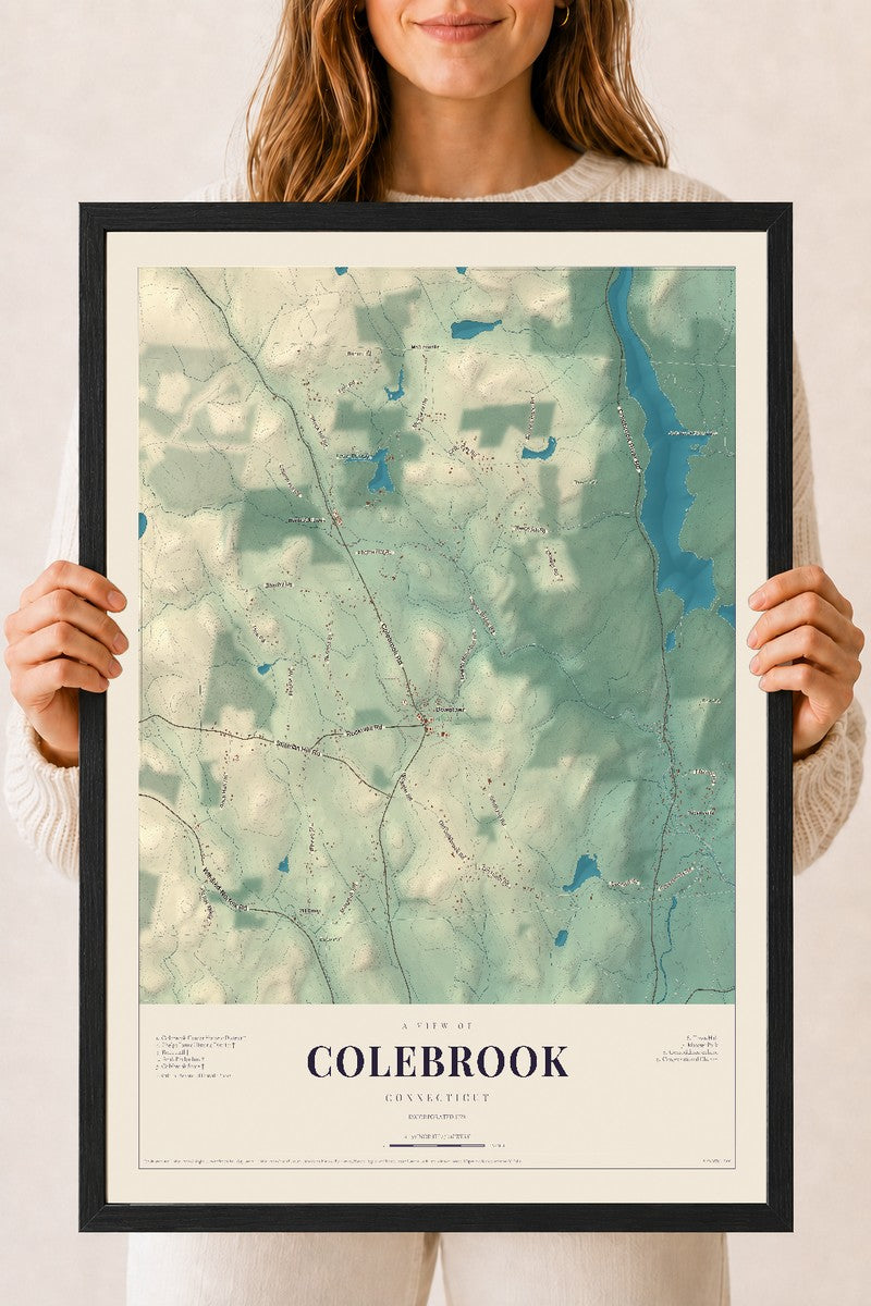 Colebrook, Connecticut map print, 18" x 24", W/ Black Ayous Wood Frame