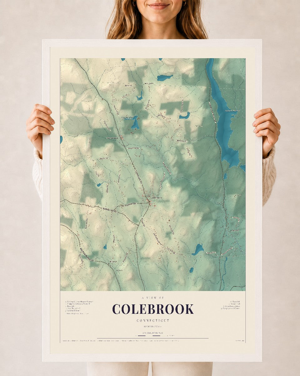 Colebrook, Connecticut map print, 24" x 36", W/ White Ayous Wood Frame