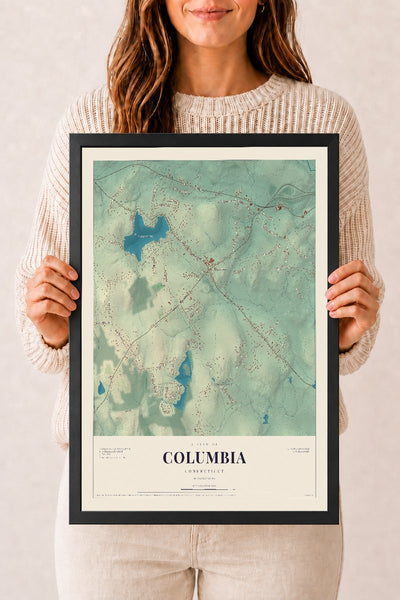 Columbia, Connecticut map print, 12" x 18", W/ Black Ayous Wood Frame