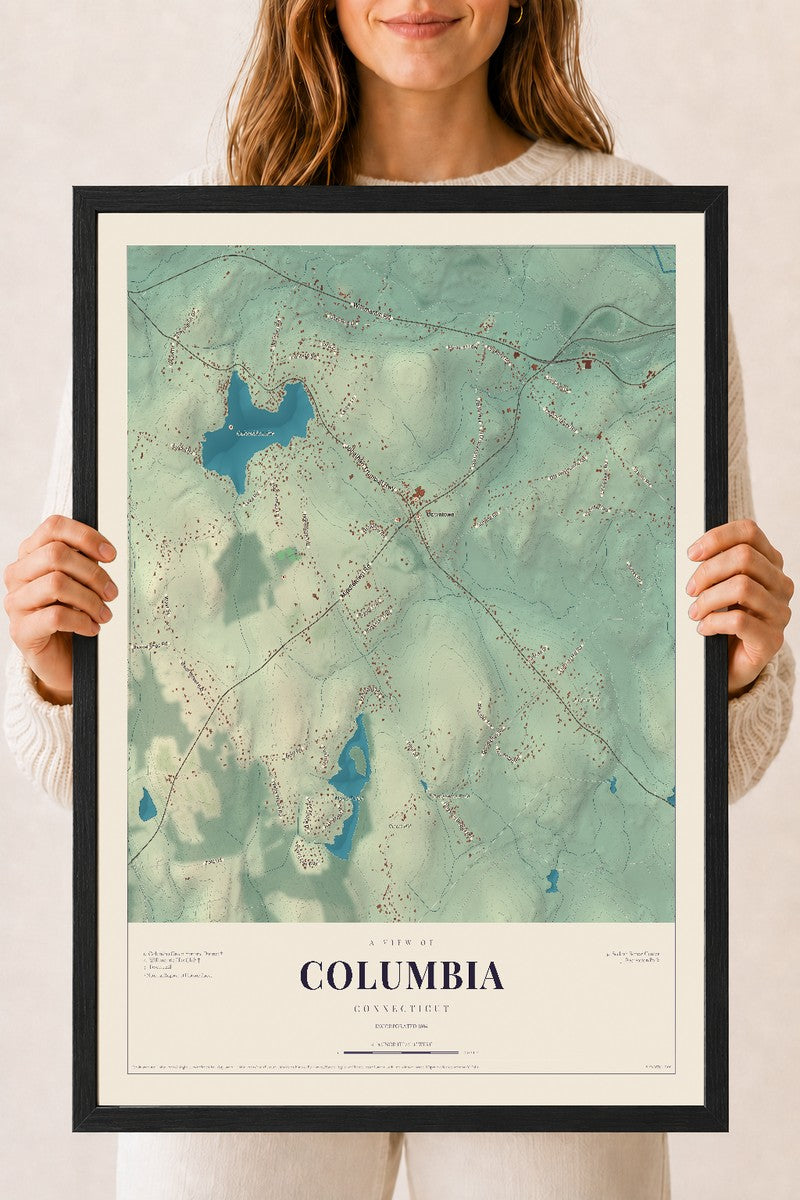 Columbia, Connecticut map print, 18" x 24", W/ Black Ayous Wood Frame