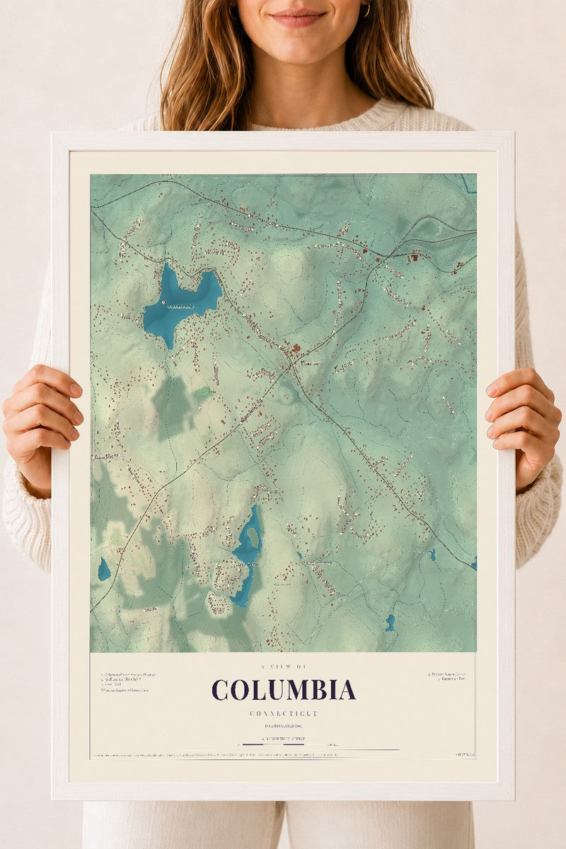 Columbia, Connecticut map print, 18" x 24", W/ White Ayous Wood Frame