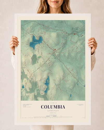 Columbia, Connecticut map print, 24" x 36", W/ White Ayous Wood Frame