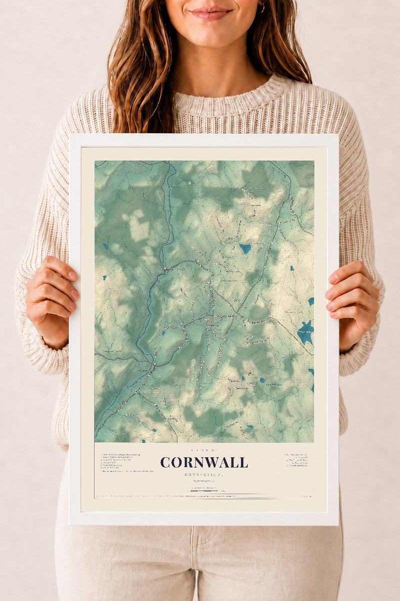 Cornwall, Connecticut map print, 12" x 18", W/ White Ayous Wood Frame