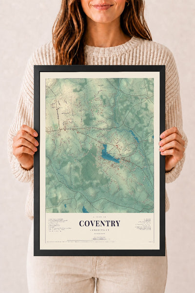 Coventry, Connecticut map print, 12" x 18", W/ Black Ayous Wood Frame
