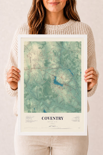 Coventry, Connecticut map print, 12" x 18", W/ White Ayous Wood Frame