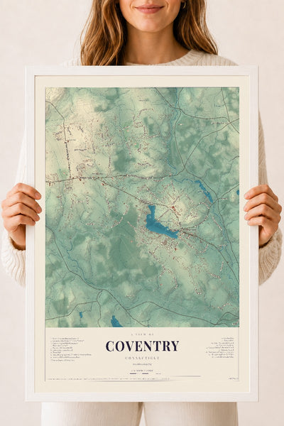 Coventry, Connecticut map print, 18" x 24", W/ White Ayous Wood Frame