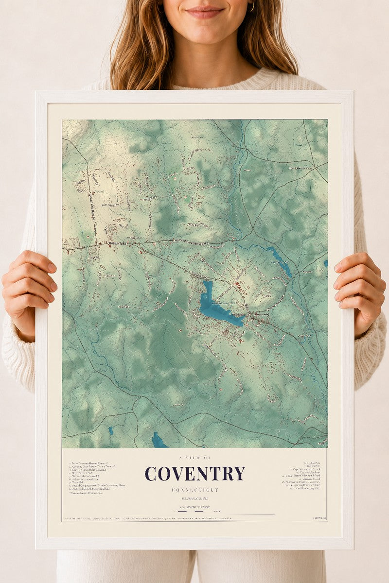 Coventry, Connecticut map print, 18" x 24", W/ White Ayous Wood Frame
