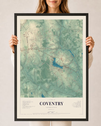 Coventry, Connecticut map print, 24" x 36", W/ Black Ayous Wood Frame