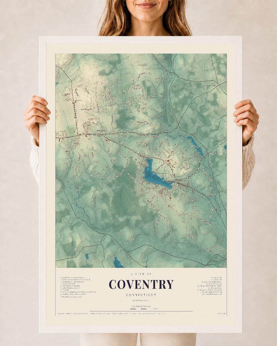 Coventry, Connecticut map print, 24" x 36", W/ White Ayous Wood Frame
