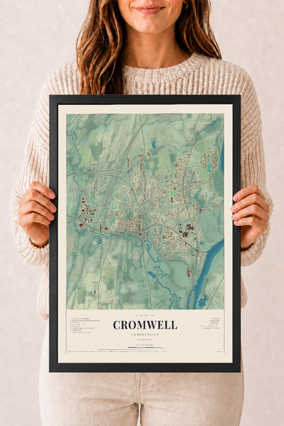 Cromwell, Connecticut map print, 12" x 18", W/ Black Ayous Wood Frame