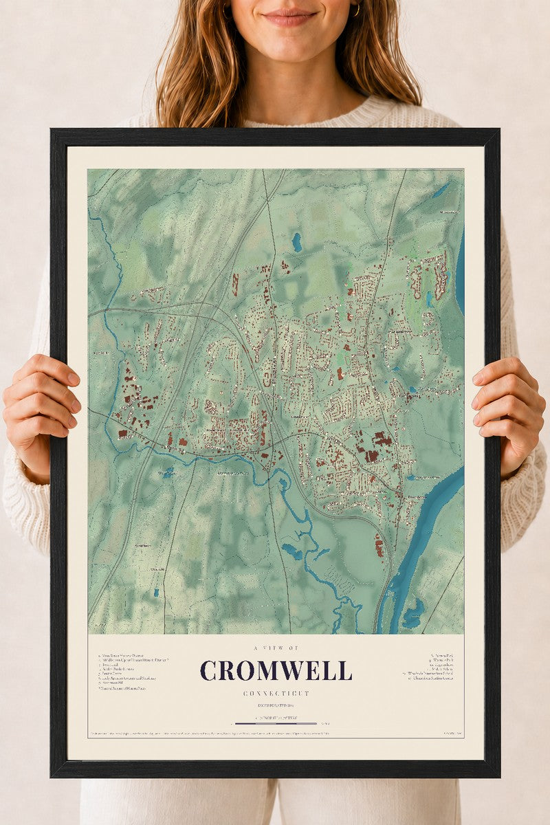 Cromwell, Connecticut map print, 18" x 24", W/ Black Ayous Wood Frame