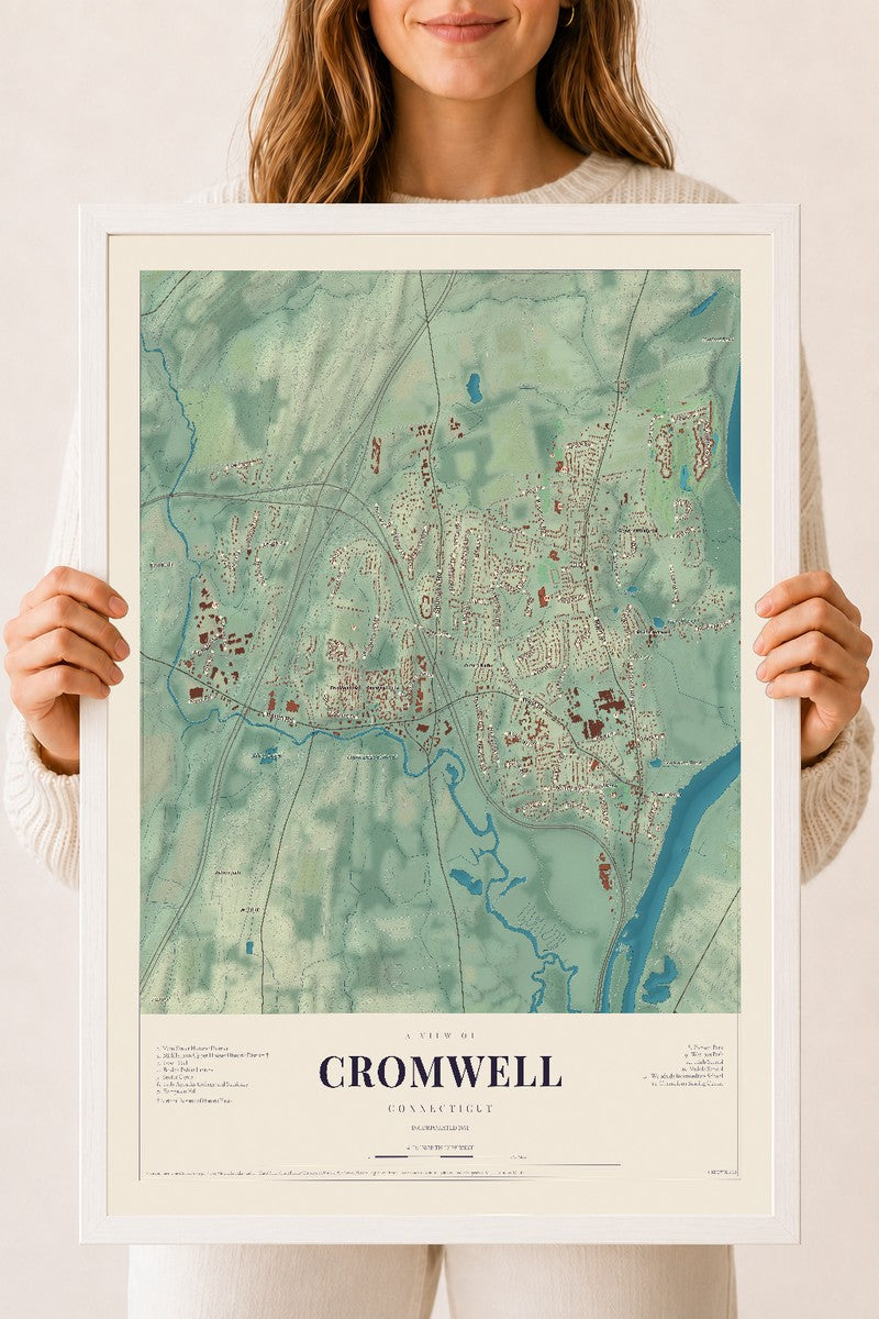 Cromwell, Connecticut map print, 18" x 24", W/ White Ayous Wood Frame