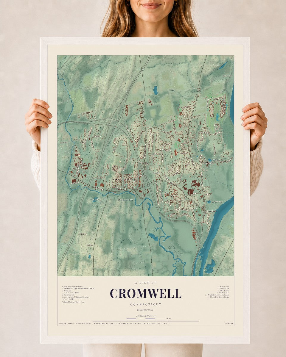 Cromwell, Connecticut map print, 24" x 36", W/ White Ayous Wood Frame
