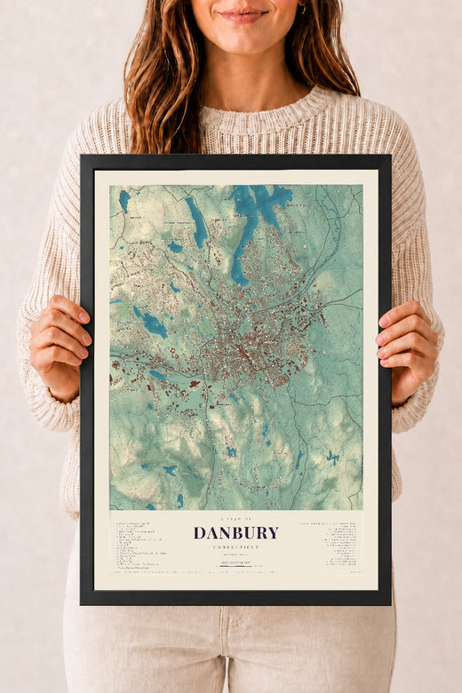Map of Danbury, Connecticut, 12 x 18 inch print in a black wood frame