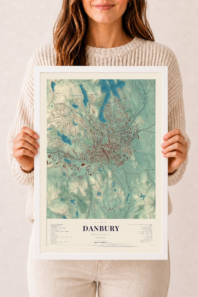Danbury, Connecticut map print, 12" x 18", W/ White Ayous Wood Frame