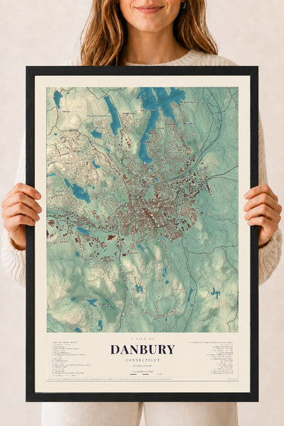Danbury, Connecticut map print, 18" x 24", W/ Black Ayous Wood Frame