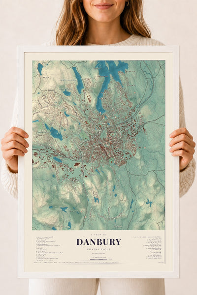 Danbury, Connecticut map print, 18" x 24", W/ White Ayous Wood Frame