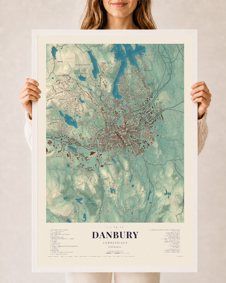 Danbury, Connecticut map print, 24" x 36", W/ White Ayous Wood Frame