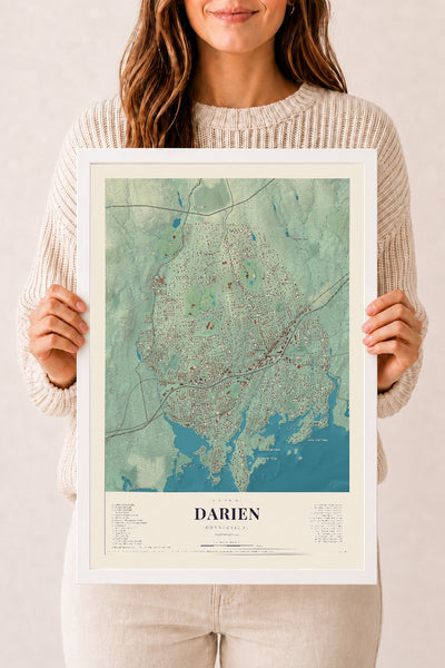 Darien, Connecticut map print, 12" x 18", W/ White Ayous Wood Frame