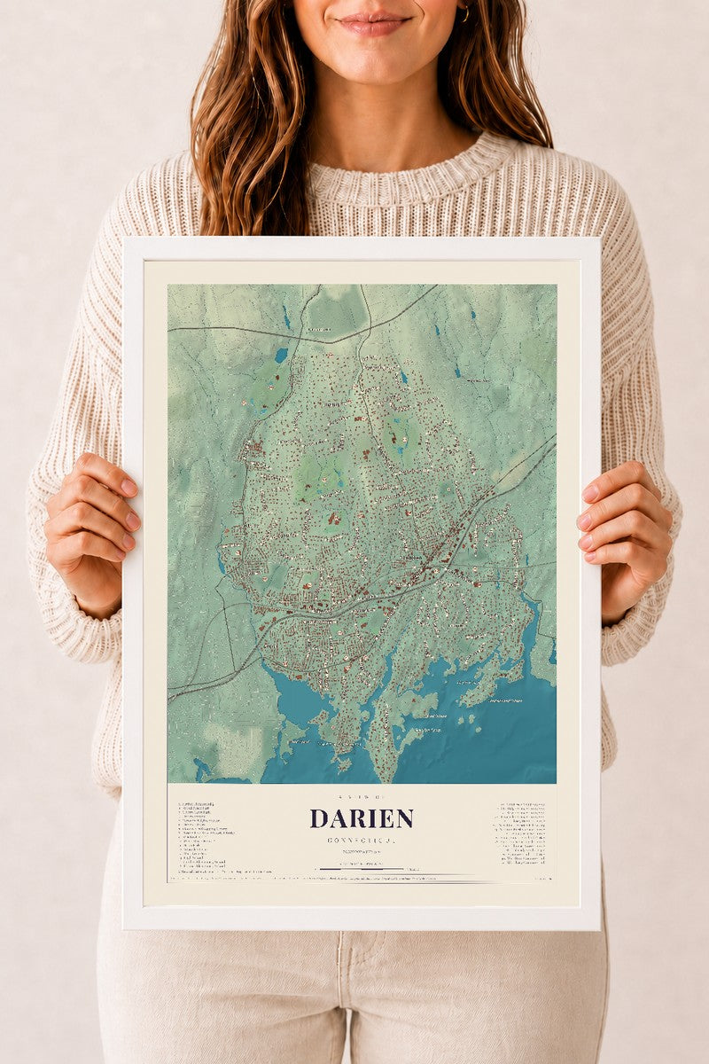 Darien, Connecticut map print, 12" x 18", W/ White Ayous Wood Frame