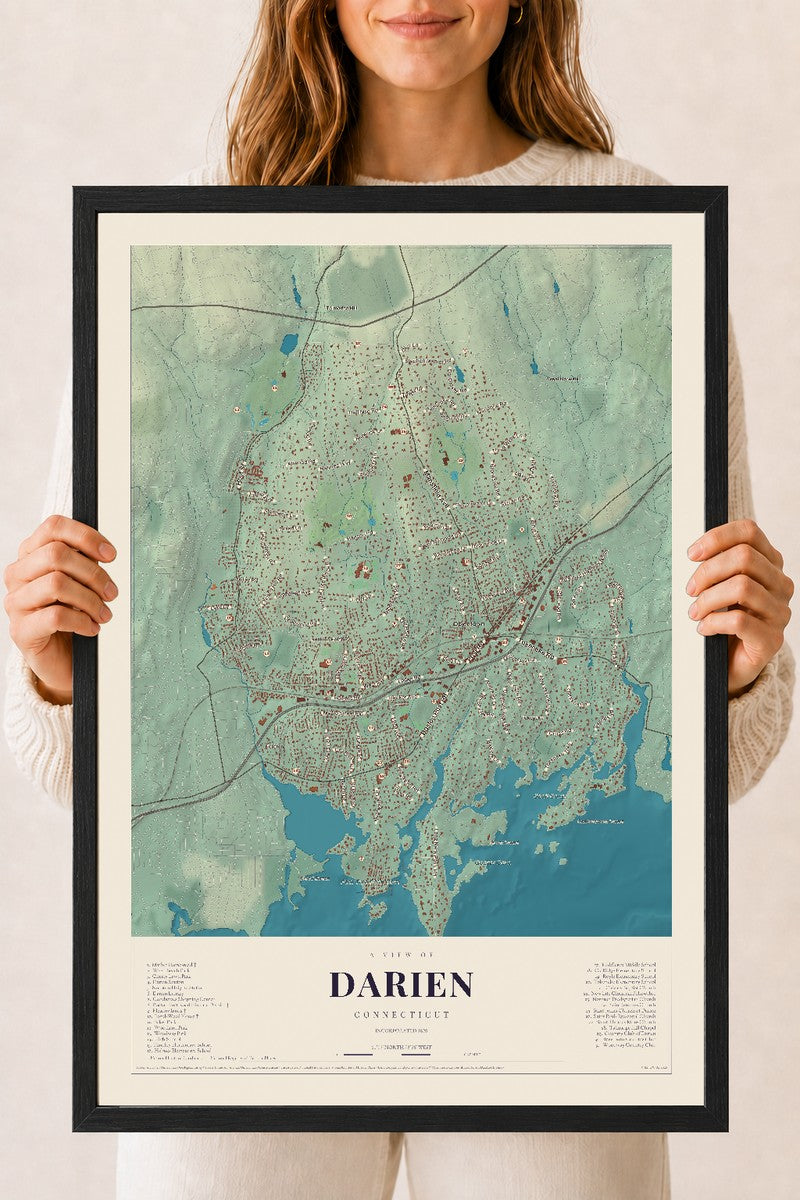Darien, Connecticut map print, 18" x 24", W/ Black Ayous Wood Frame