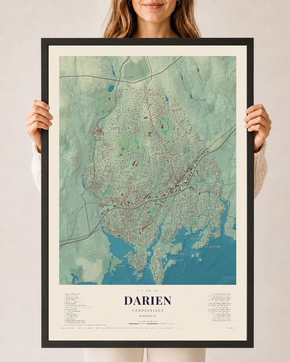 Darien, Connecticut map print, 24" x 36", W/ Black Ayous Wood Frame