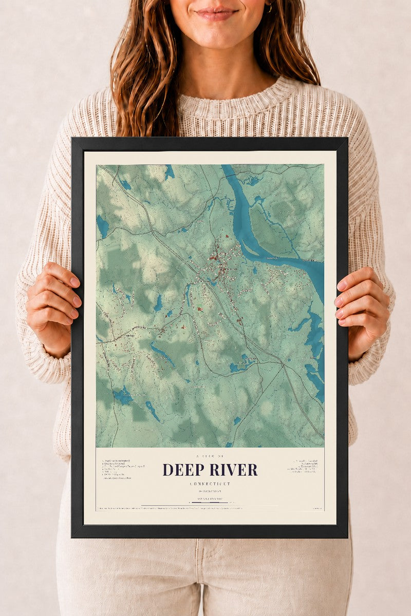 Deep River, Connecticut map print, 12" x 18", W/ Black Ayous Wood Frame