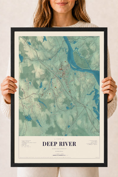 Deep River, Connecticut map print, 18" x 24", W/ Black Ayous Wood Frame