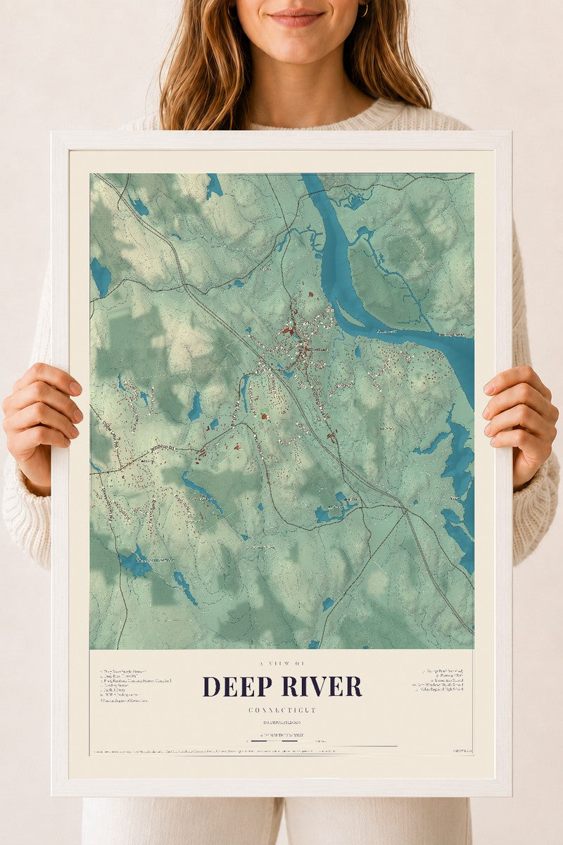 Deep River, Connecticut map print, 18" x 24", W/ White Ayous Wood Frame