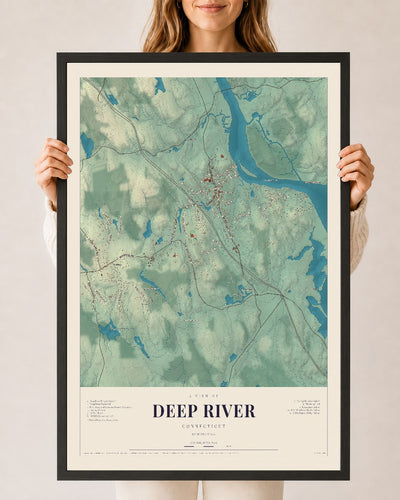 Deep River, Connecticut map print, 24" x 36", W/ Black Ayous Wood Frame