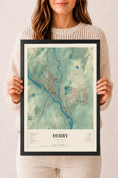 Derby, Connecticut map print, 12" x 18", W/ Black Ayous Wood Frame