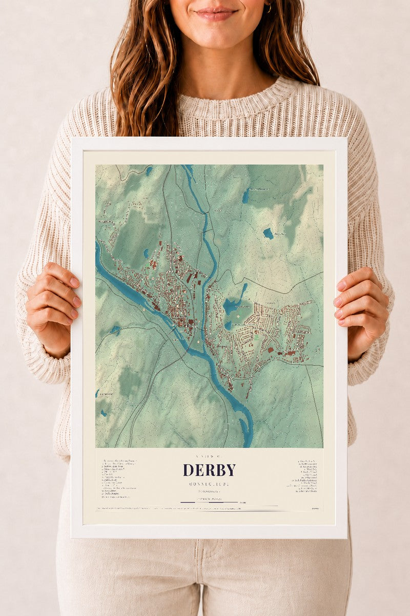 Derby, Connecticut map print, 12" x 18", W/ White Ayous Wood Frame