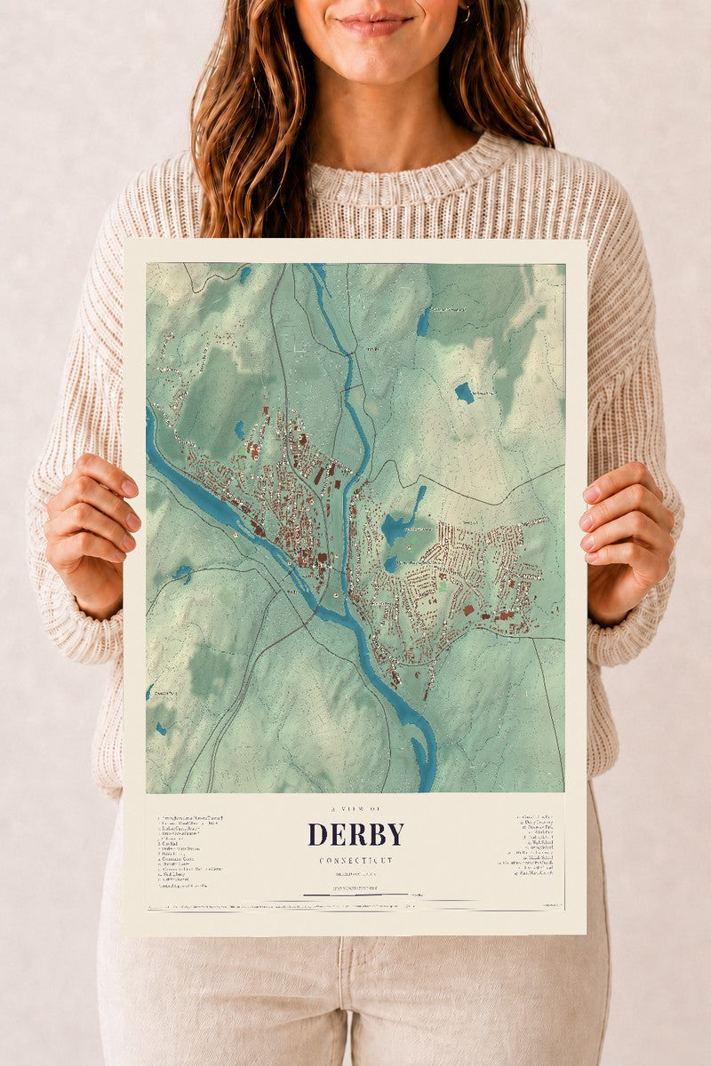 Derby, Connecticut map print, 12" x 18", Archival Matte Print