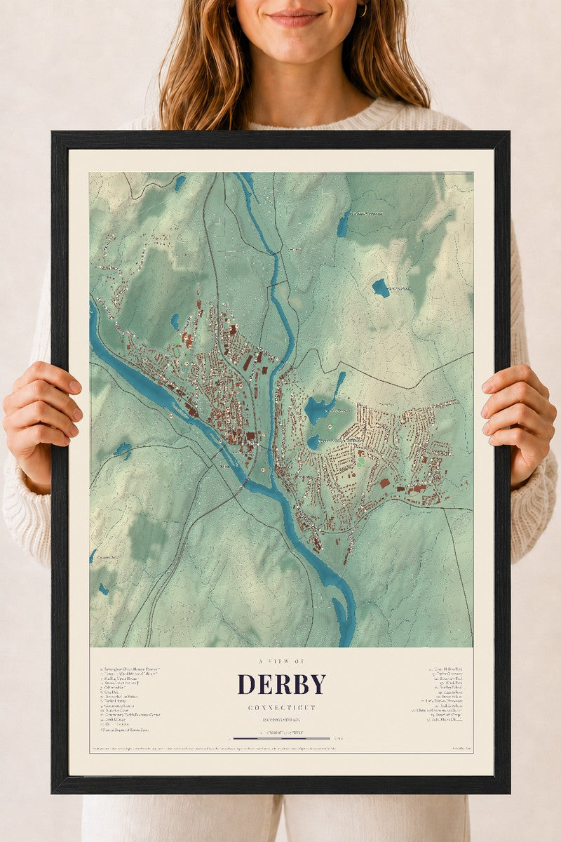Derby, Connecticut map print, 18" x 24", W/ Black Ayous Wood Frame