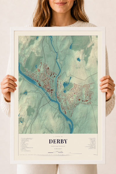 Derby, Connecticut map print, 18" x 24", W/ White Ayous Wood Frame