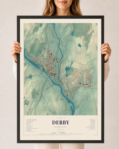 Derby, Connecticut map print, 24" x 36", W/ Black Ayous Wood Frame
